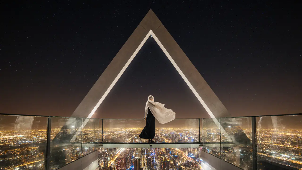 A solitary figure on the Dubai Frame skybridge, city lights below and stars above in serene night silence.