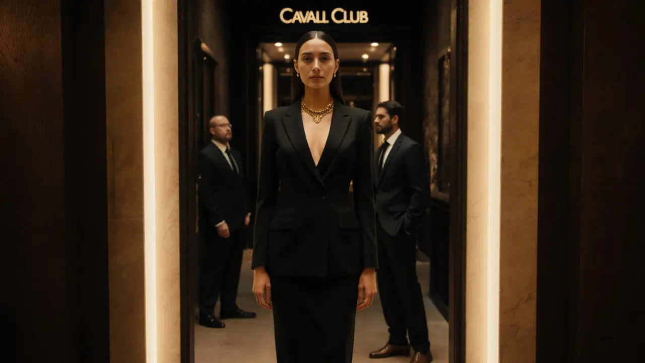 A stylish woman being assessed by a bouncer at the entrance of an exclusive club, no logos or sneakers.