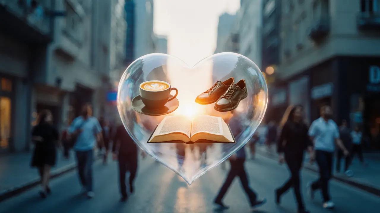 A transparent heart above Dubai’s busy street holds symbols of friendship amid isolated passersby.