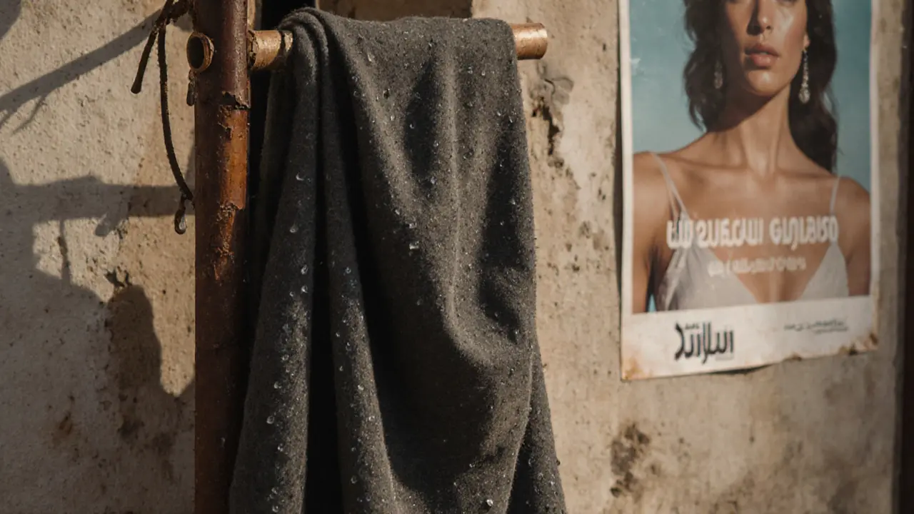 A used hijab hangs on a street vendor&#039;s rack, beside a peeling luxury Dubai advertisement.