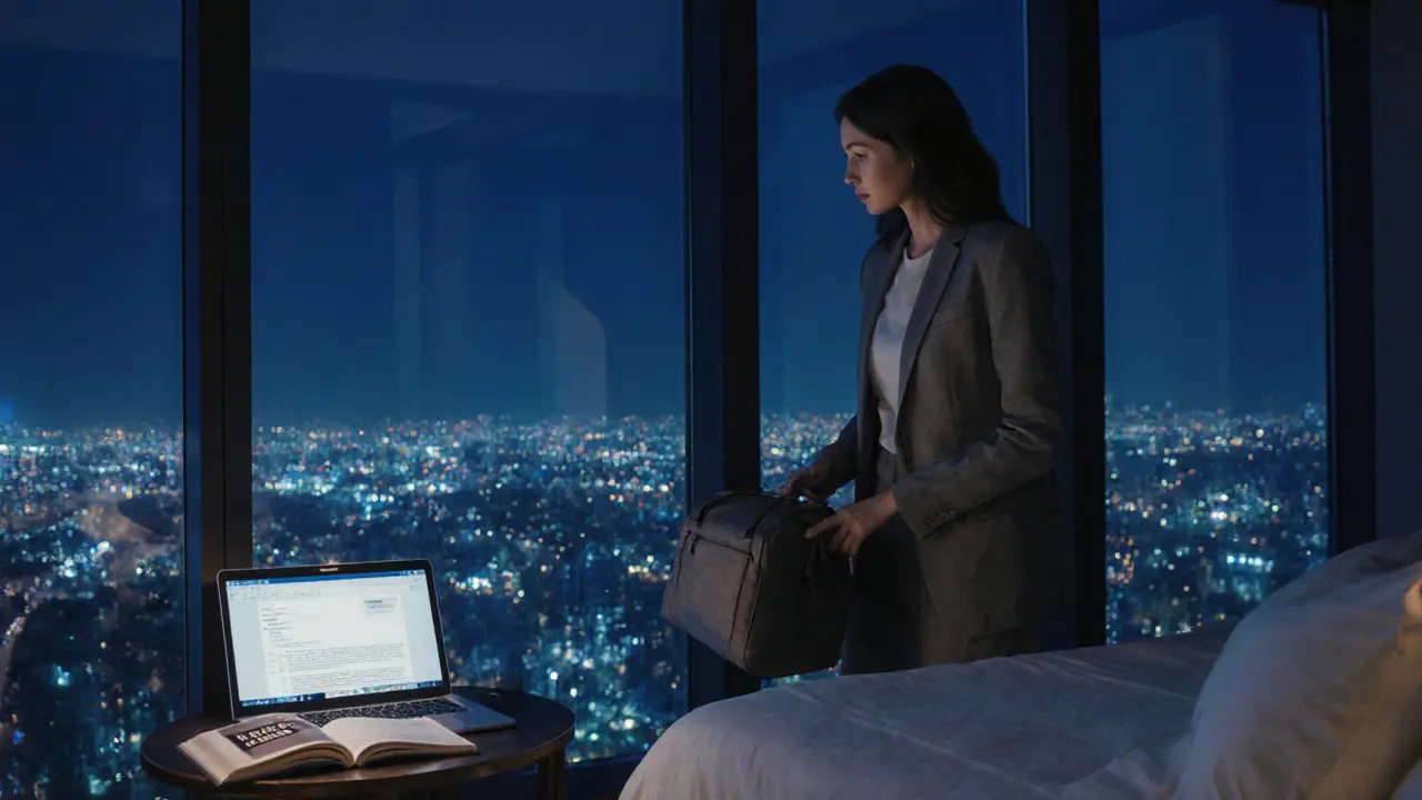 A woman packing in a modern Dubai apartment, surrounded by subtle signs of emotional depth and independence.
