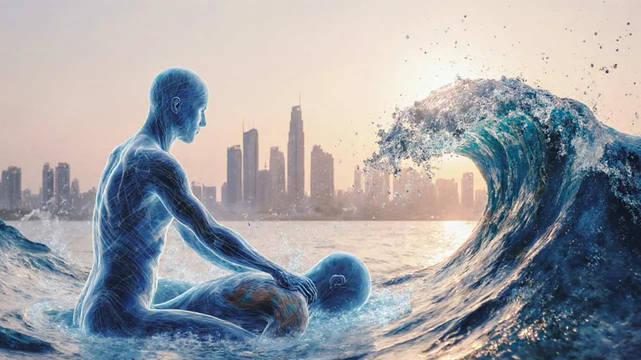 Abstract watercolor representation of therapeutic pressure as a flowing wave over the body, symbolizing deep relaxation and heat transfer.