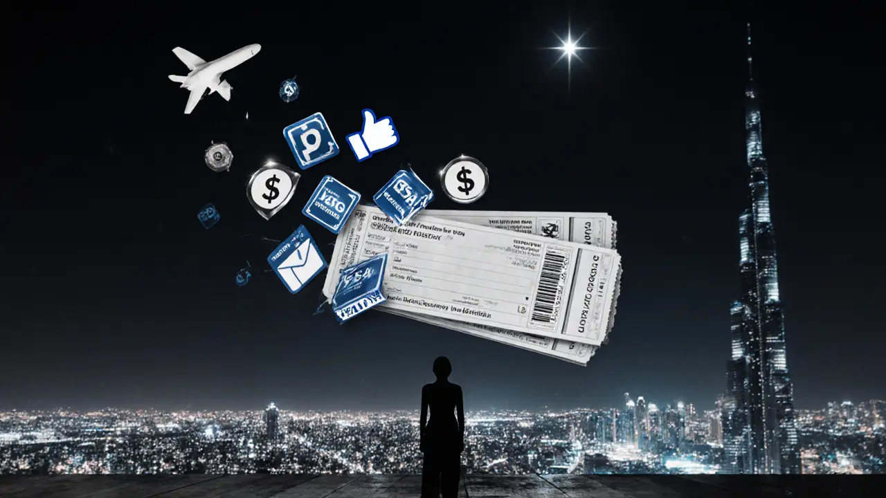Airplane tickets dissolve into social media icons above a model on a Dubai rooftop, symbolizing the cost of ambition.