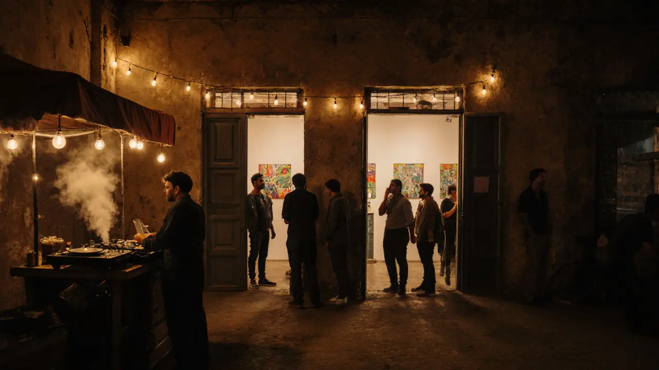 Artists and locals mingling at Alserkal Avenue at night, warehouse lights and street food stalls glowing warmly.