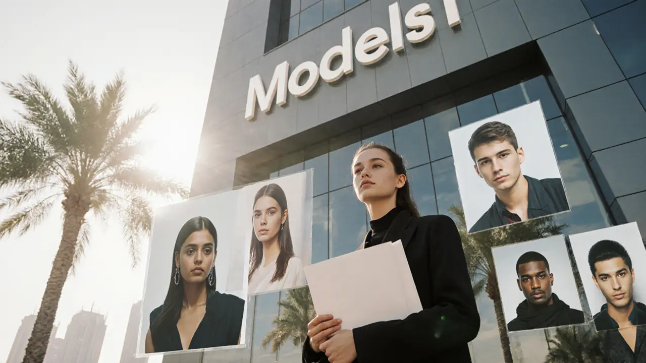 Aspiring model with portfolio outside Dubai agency, surrounded by floating portraits of models from around the world.