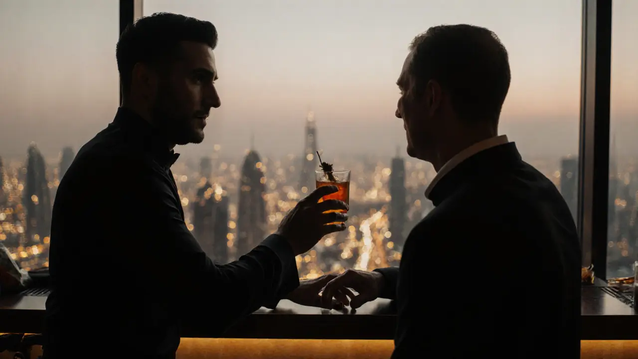 Bartender handing a custom cocktail to a regular guest with Dubai's skyline in the background.