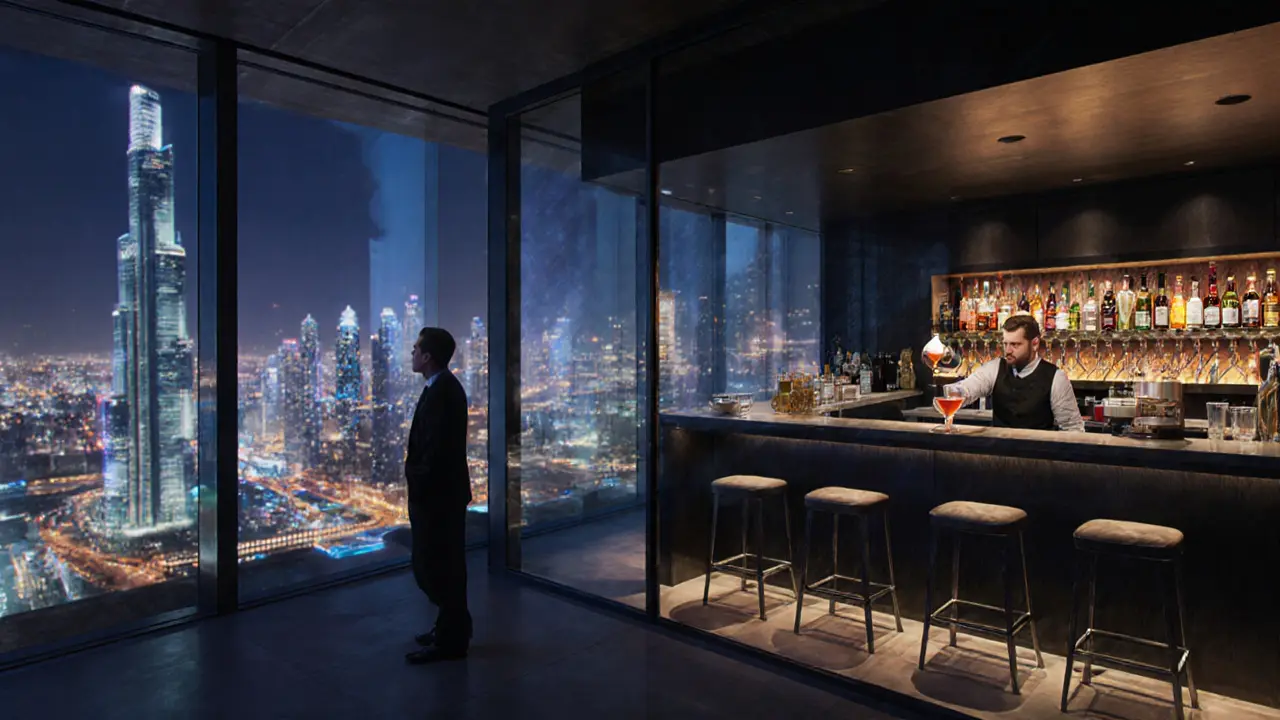 Bartender pouring a rare sour cherry ale at a sleek Dubai rooftop bar with city lights glowing below.