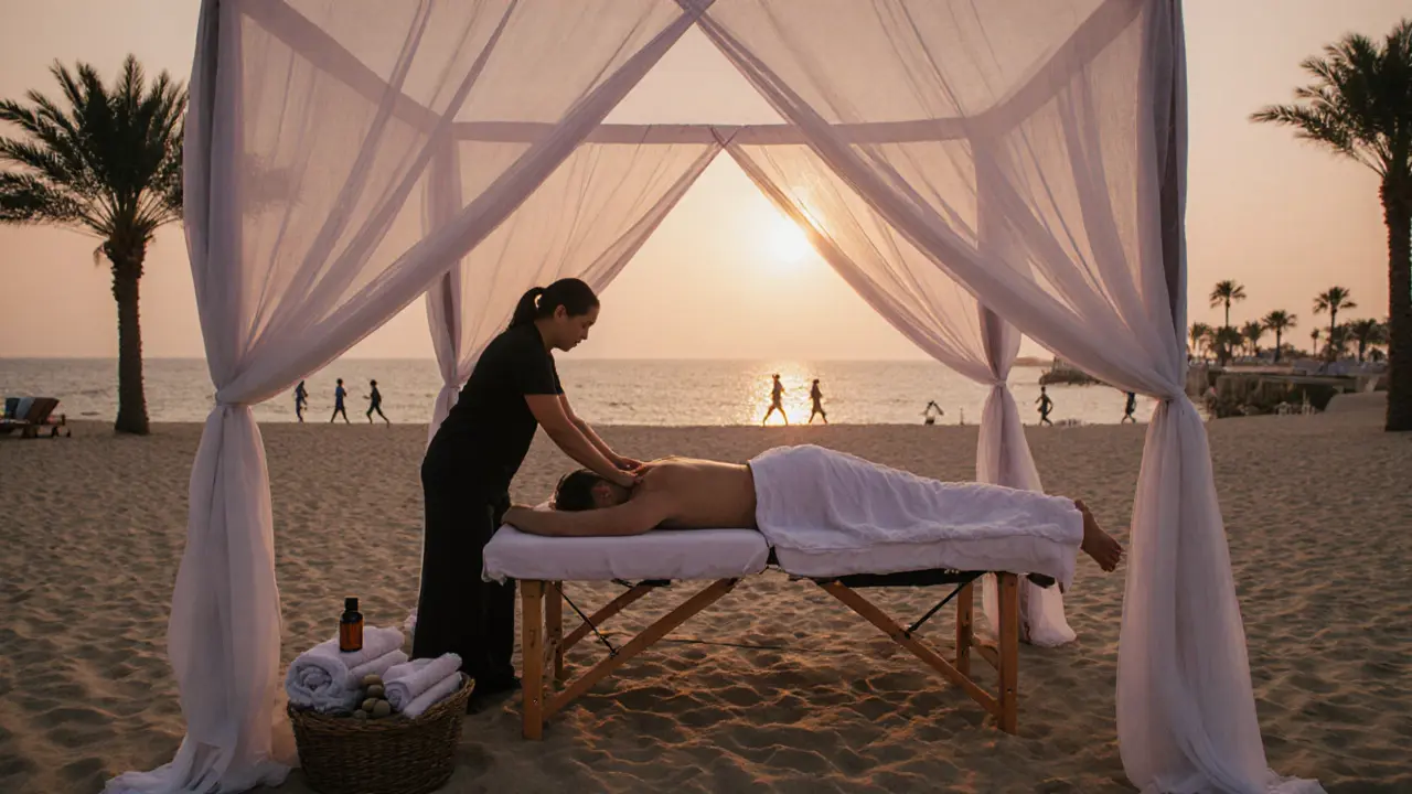 Beachside massage at JBR at golden hour, therapist working on a client under a canopy as ocean glows behind.