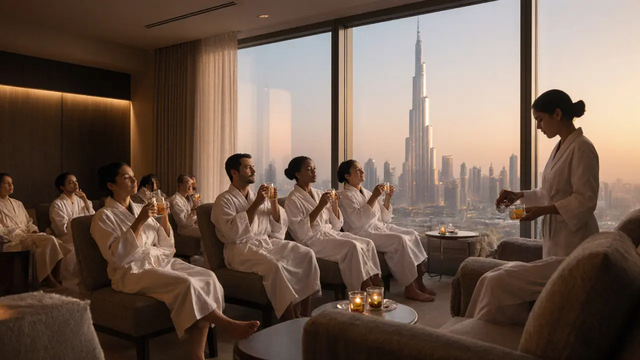 Clients relaxing in a modern spa lounge after massage, sipping tea with Dubai skyline at sunset.