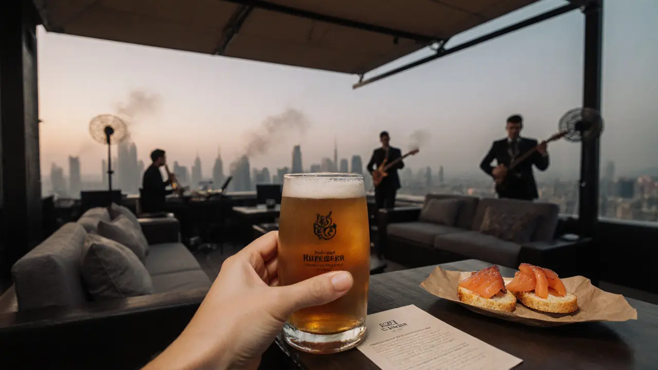 Close-up of a craft beer glass with tasting notes and appetizers on a rooftop, skyline softly blurred in twilight.