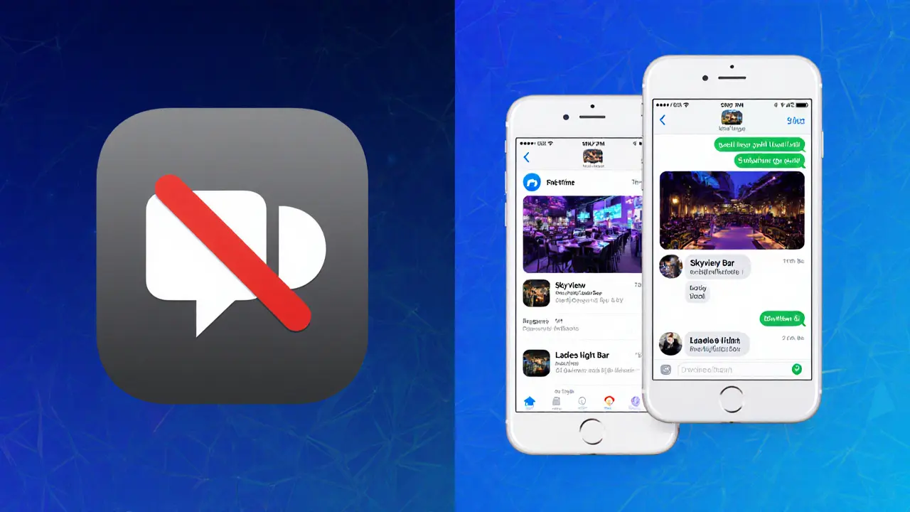 Comparison of blocked FaceTime versus working WhatsApp and Telegram apps on smartphones.