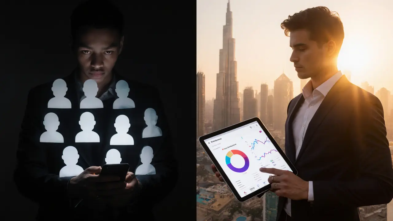 Contrasting figures: one with fake followers in darkness, another with real engagement under Dubai's skyline.