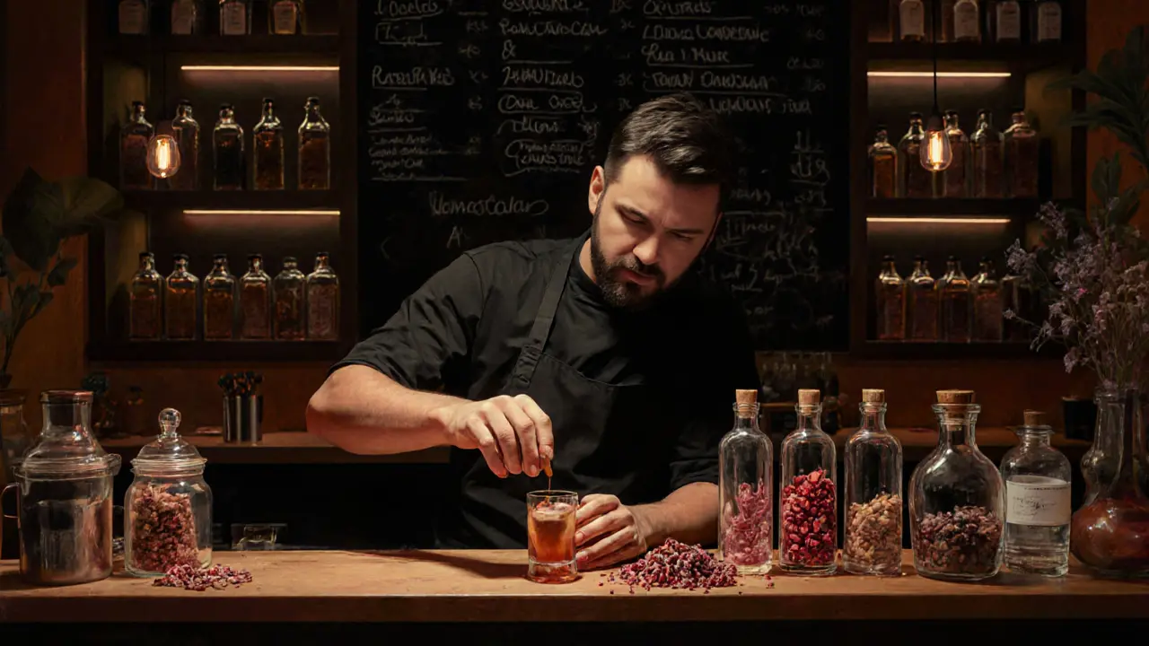 Craftsman measuring local spices and syrups to create a signature non-alcoholic drink.