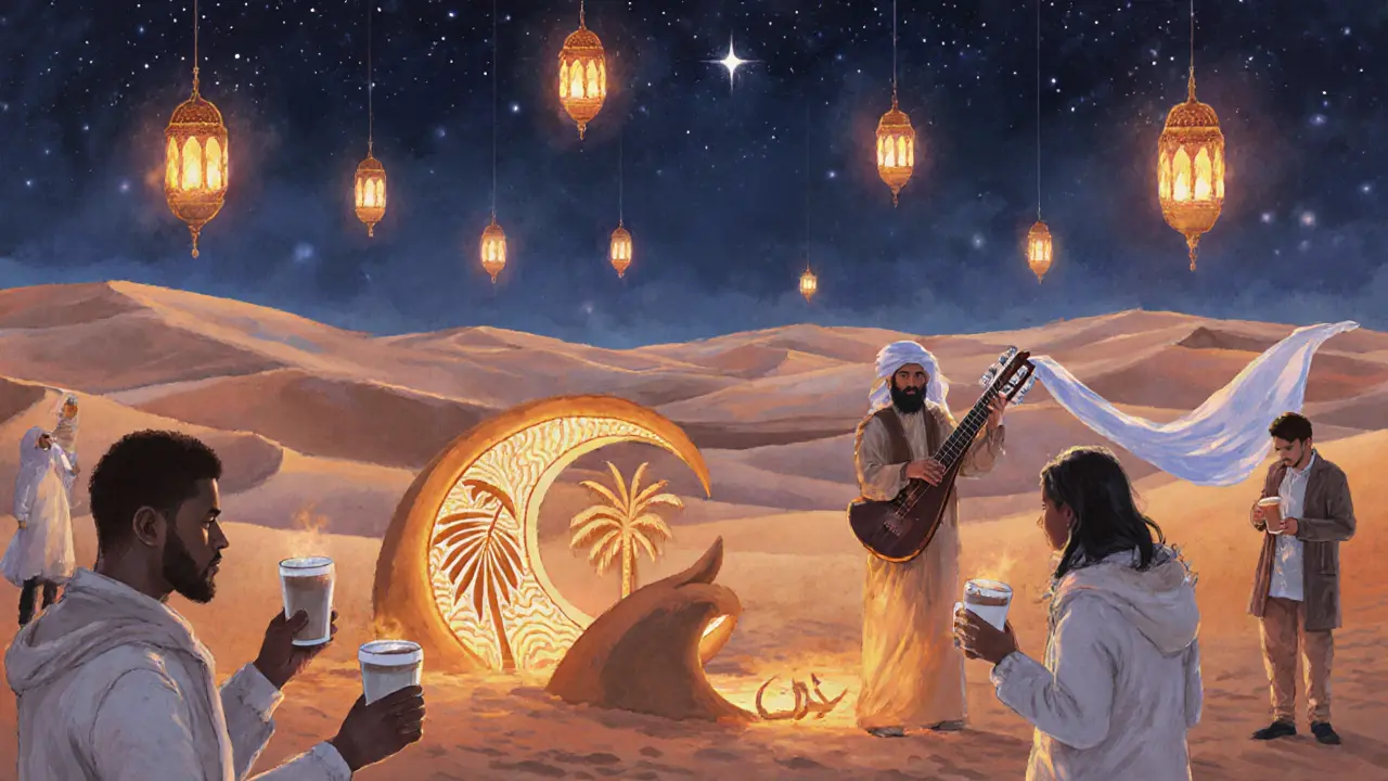 Desert Bloom Festival with lanterns, oud music, and sand sculptures under starry night sky.