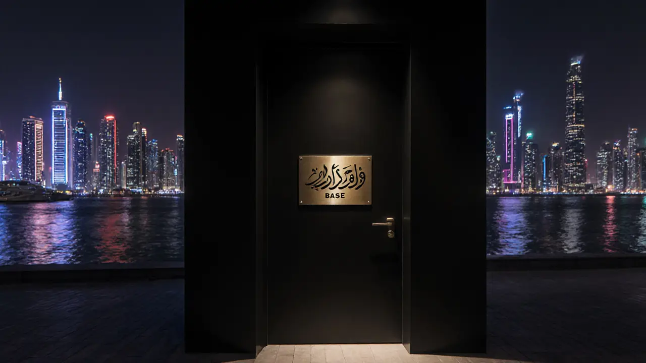 Discreet black entrance of BASE Dubai marked only by a brass Arabic sign, nestled between luxury boutiques in Dubai Marina.