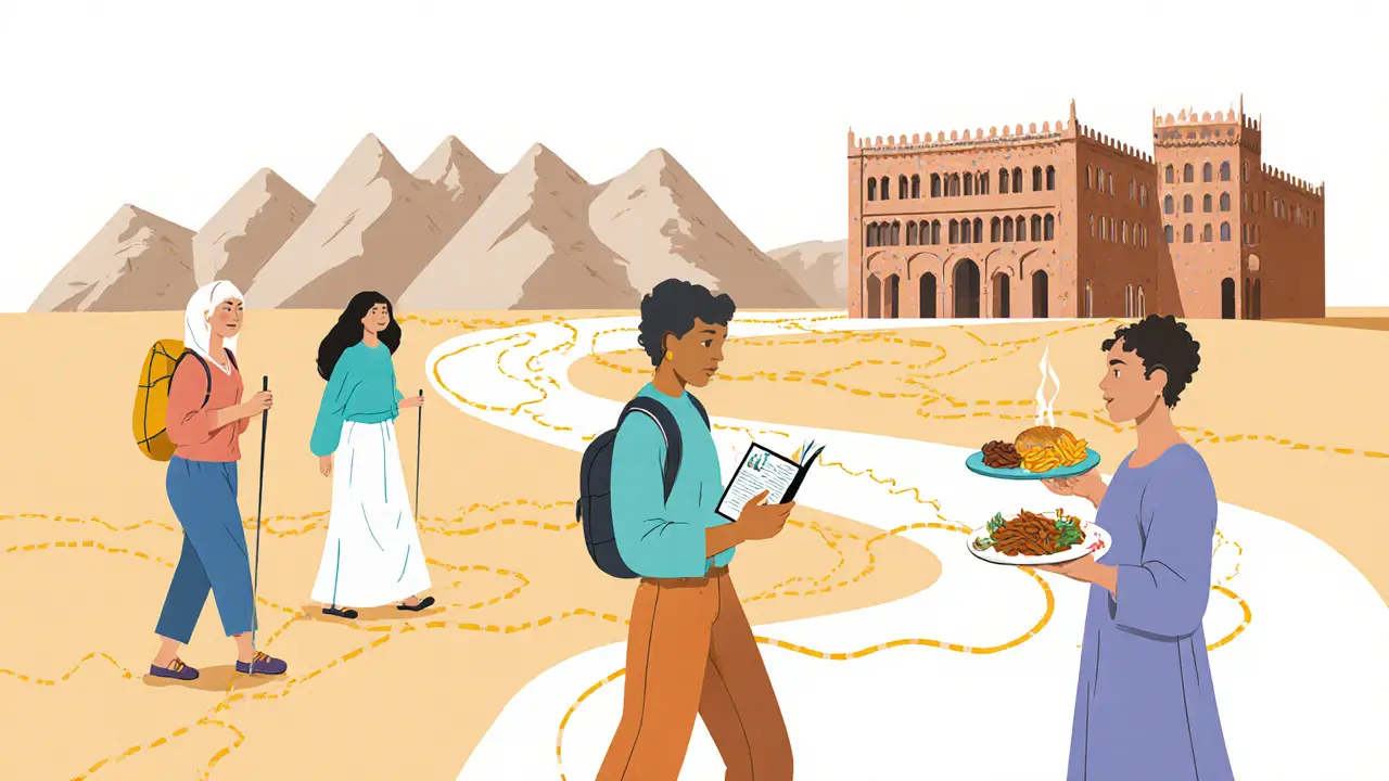 Diverse friends exploring Dubai’s museums, mountains, and markets together in quiet companionship.