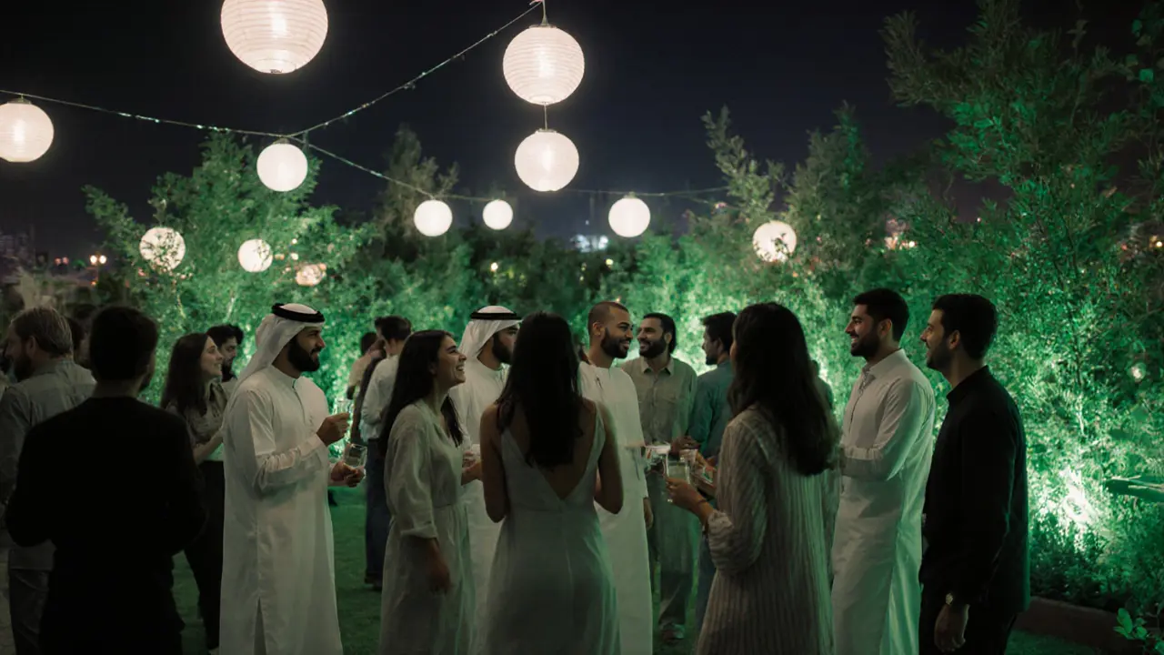 Diverse group of people dancing together under glowing lanterns and lush greenery at a Dubai nightclub.