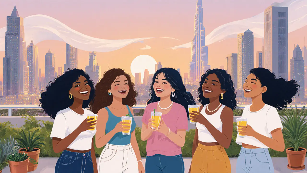 Diverse young women laughing on a rooftop garden overlooking Dubai’s skyline at dusk.