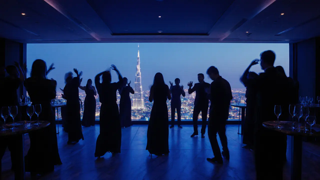 Elegant rooftop club with silhouetted dancers and Burj Khalifa in background, ambient blue lighting.