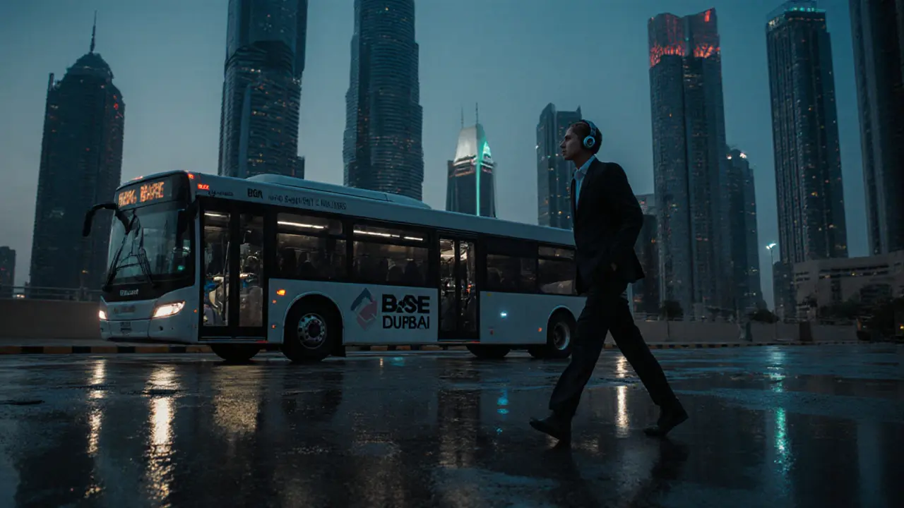 Empty shuttle bus at dawn outside Dubai Mall, a lone figure walking toward it after a night of music.