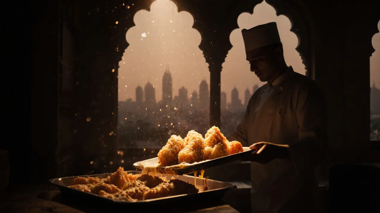Fresh kunafa being pulled from the oven at a quiet Dubai bakery at 2 a.m., syrup dripping slowly.