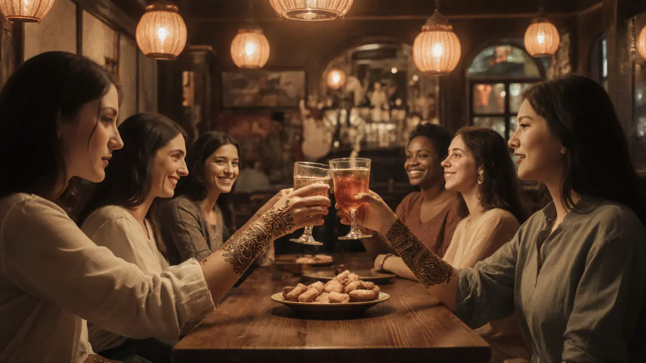 Group of women enjoying live acoustic music and free drinks at a cozy bar in Jumeirah during ladies night.