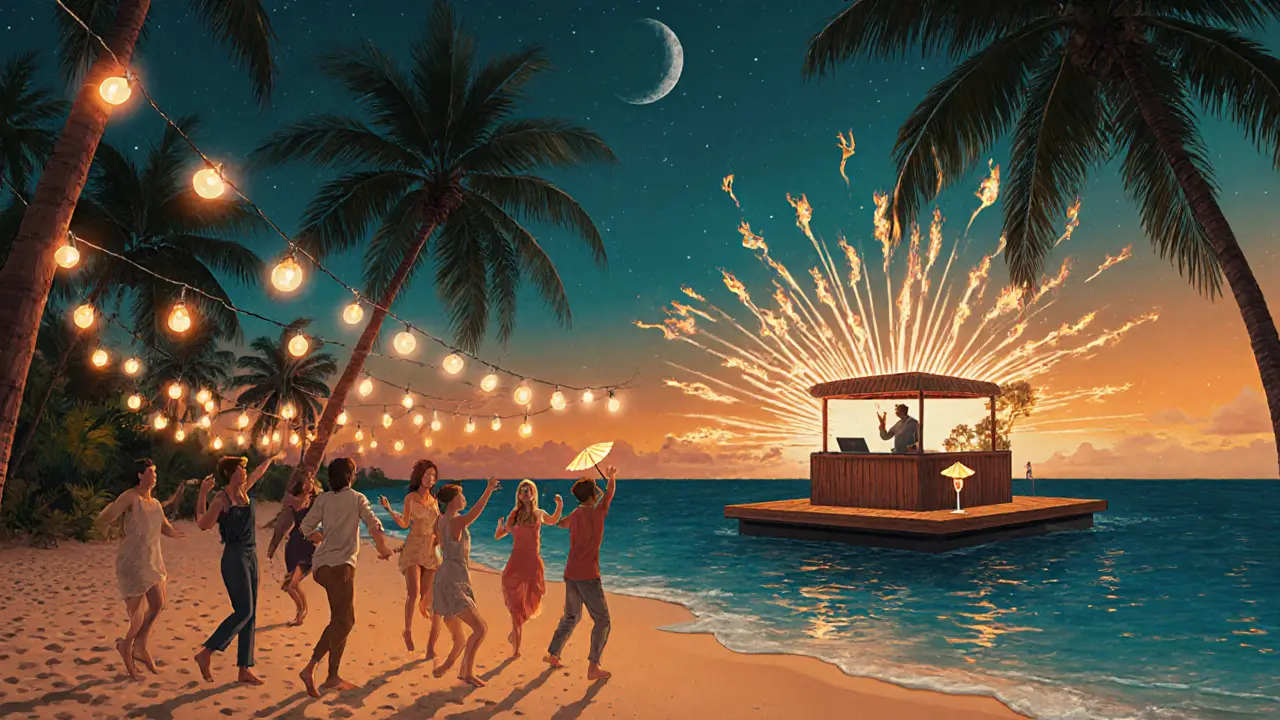 Guests dancing barefoot on beach at night with fire dancers and DJ booth under string lights.