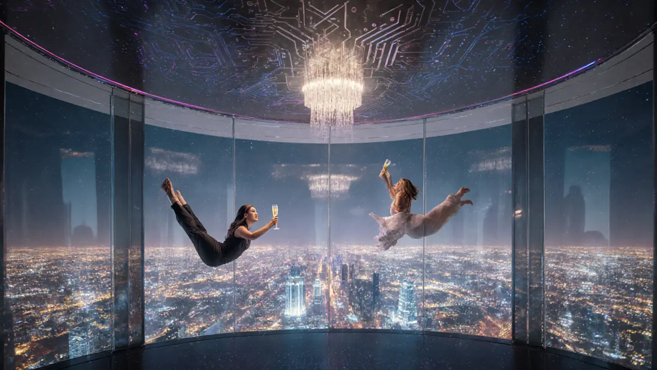 Guests float gently in a sky-high nightclub with the entire city of Dubai glowing below like a starfield.