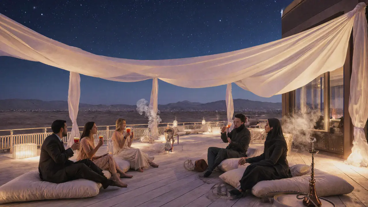 Guests relaxing on cushions at BASE Dubai's terrace at sunrise, sipping cocktails as desert breeze flows through sheer fabrics.