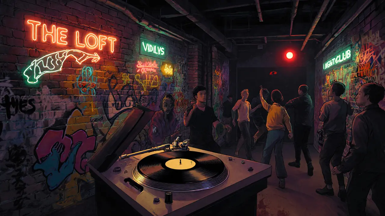 Hidden basement club with street art and neon lights, people dancing without phones, vinyl turntable in focus.