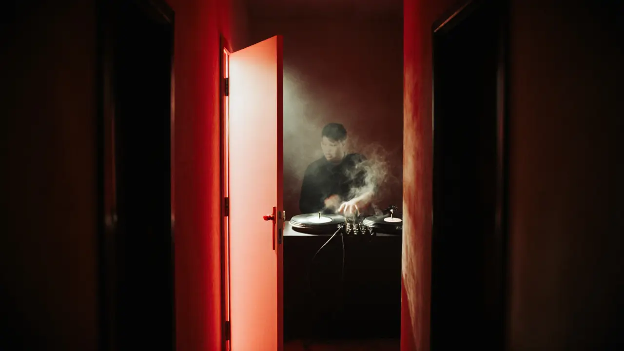 Hidden door to The Waiting Room club with faint red glow and vinyl turntable inside.