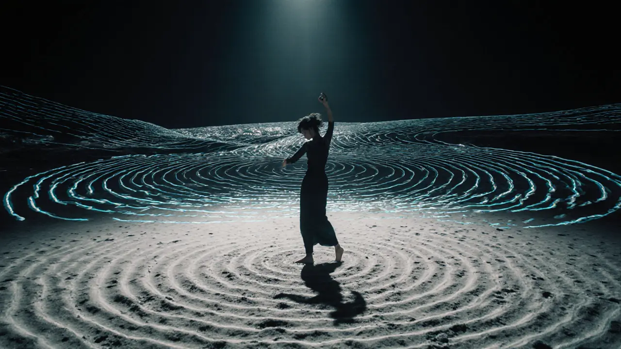 Intimate Zabeel Beach Club night with silhouette of dancer and DJ under ambient moonlight and ocean waves.