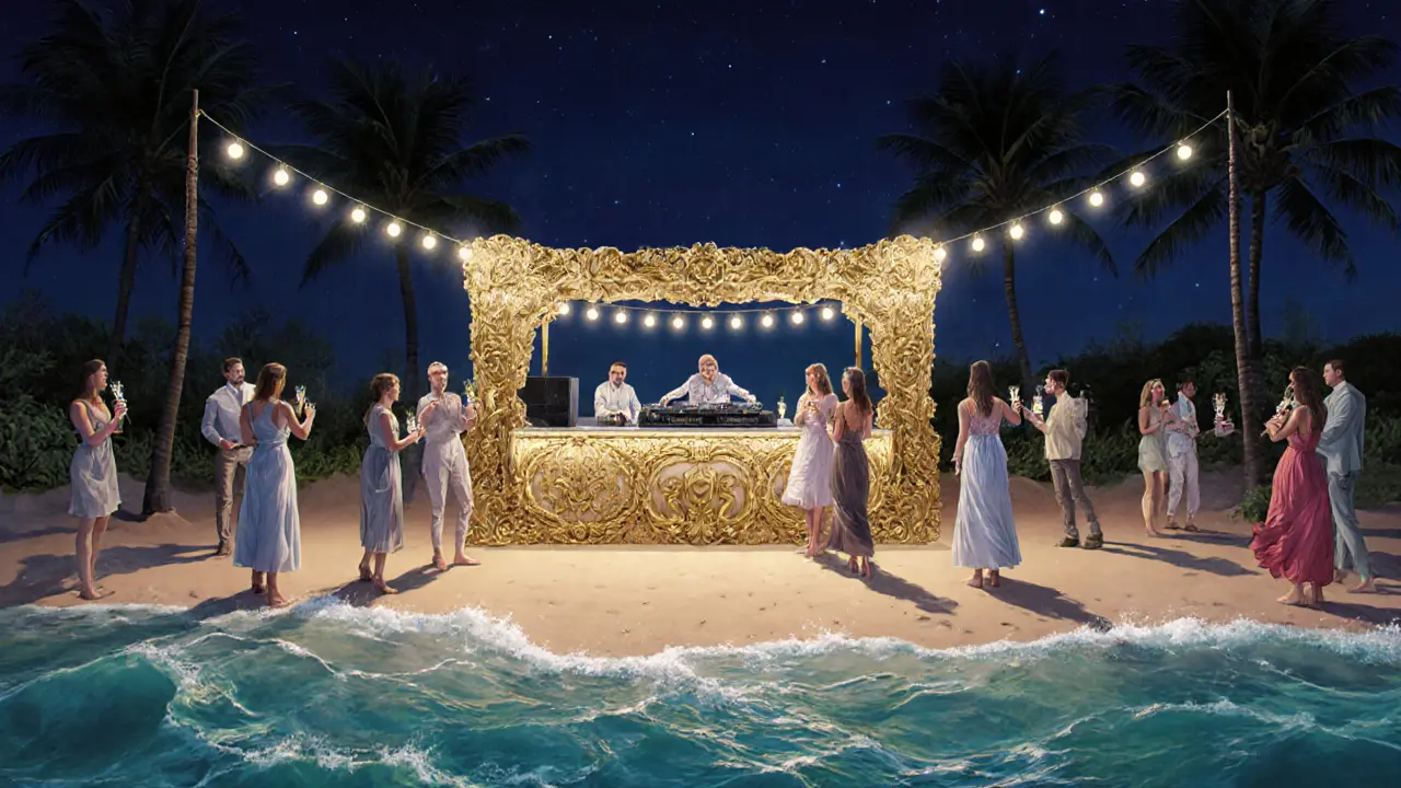 Luxurious Cavalli Club Beach scene with gold-accented DJ booth and guests in elegant attire by the sea.