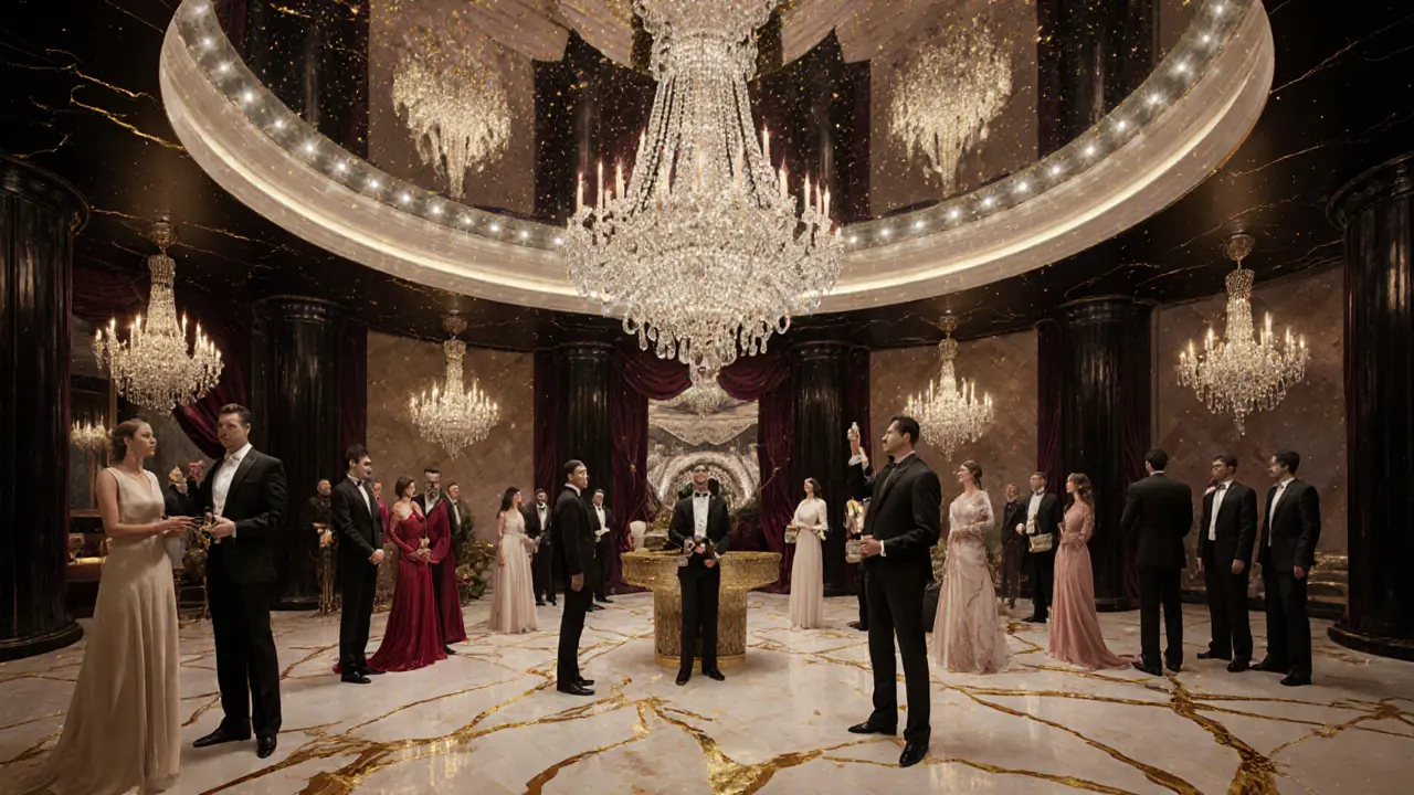 Luxurious nightclub interior with mirrored ceiling reflecting stars, guests in formal attire, gold marble floors, and champagne service.