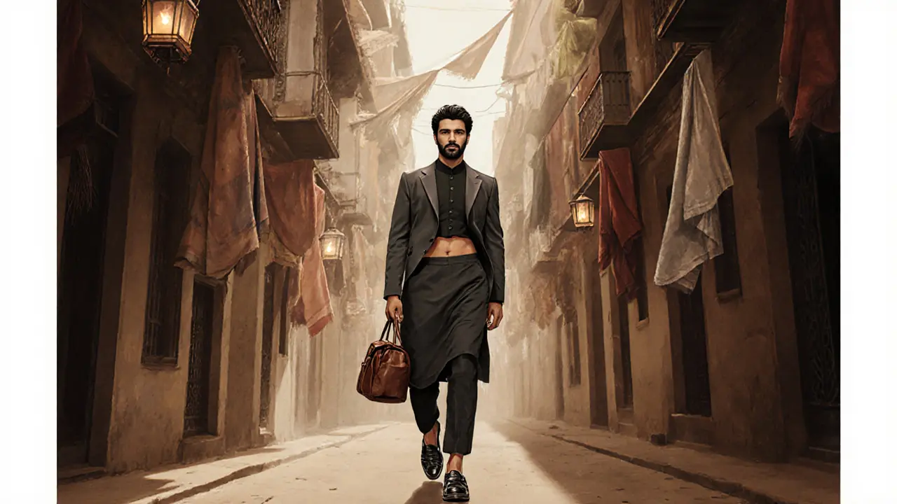 Male model in modern kandura walking historic Dubai alley, lanterns and textiles around.