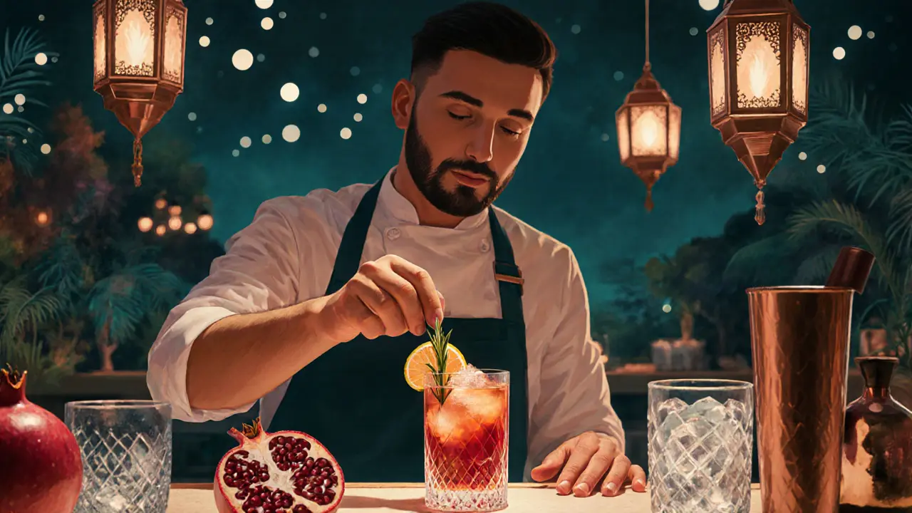 Mixologist preparing a Dubai Sunset cocktail with rosemary, pomegranate, and glassware in a vibrant club bar.