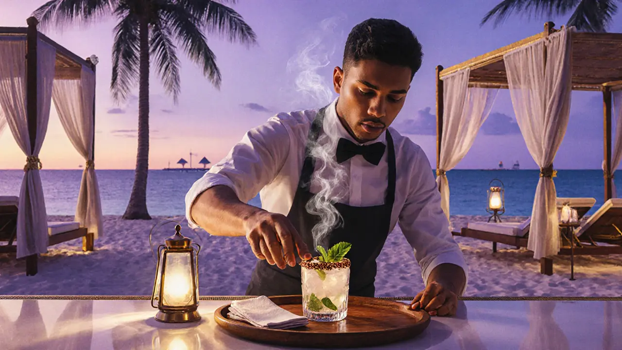 Myrrh &amp; Mint cocktail at La Plage with oud napkins and soft twilight lighting, Palm Jumeirah in distance.