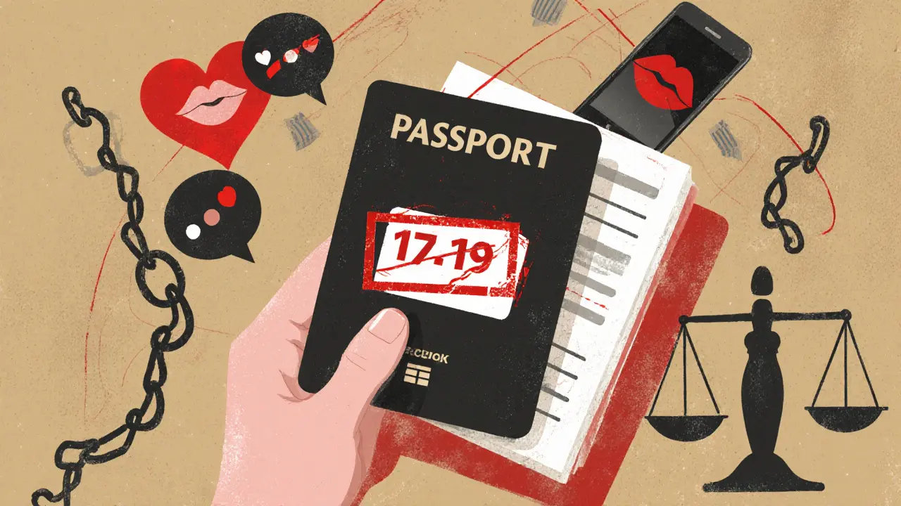 Passport showing age 17 with legal warning stamps and symbols of romance crossed out.