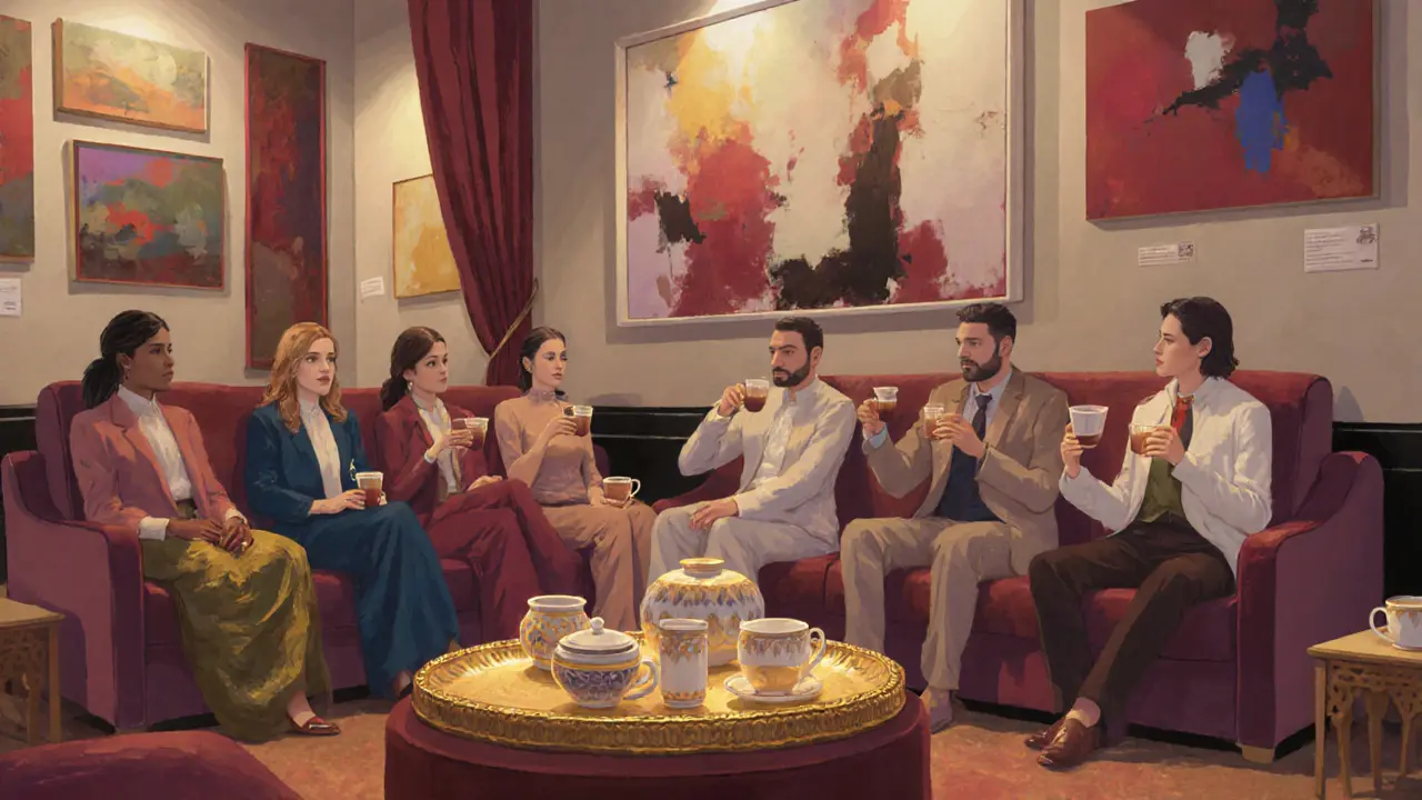 People in elegant attire sharing quiet conversation over Arabic coffee at an art fair lounge.