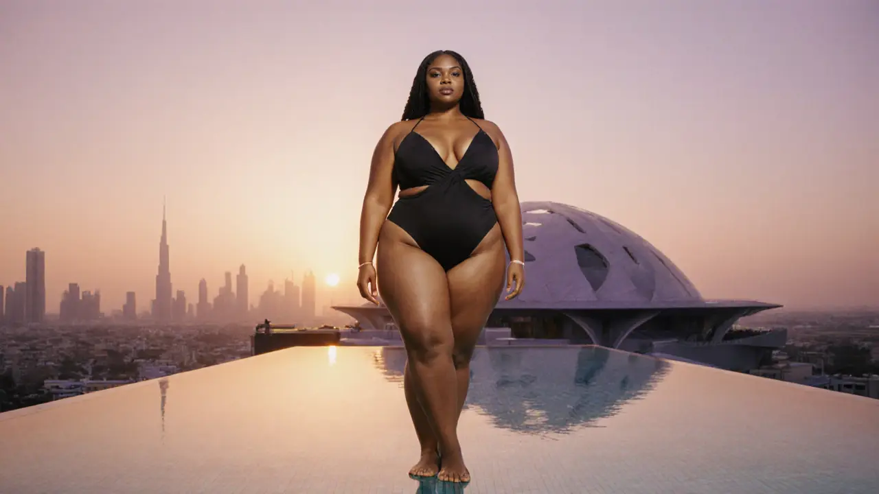 Plus-size model barefoot on rooftop pool at sunset, Museum of the Future in distance.