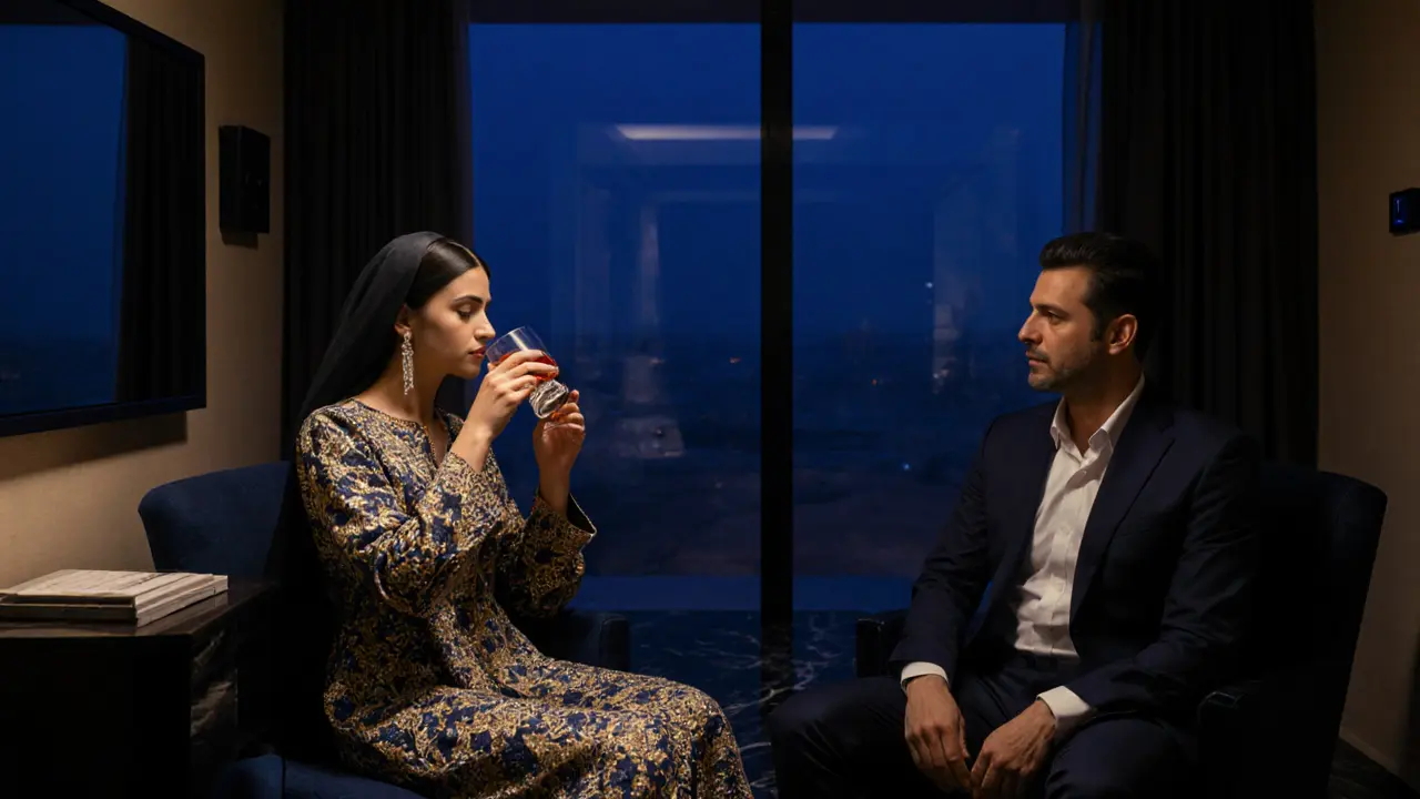 Private VIP suite with Emirati woman in embellished abaya and man in suit, soft indigo lighting, no visible people or devices.