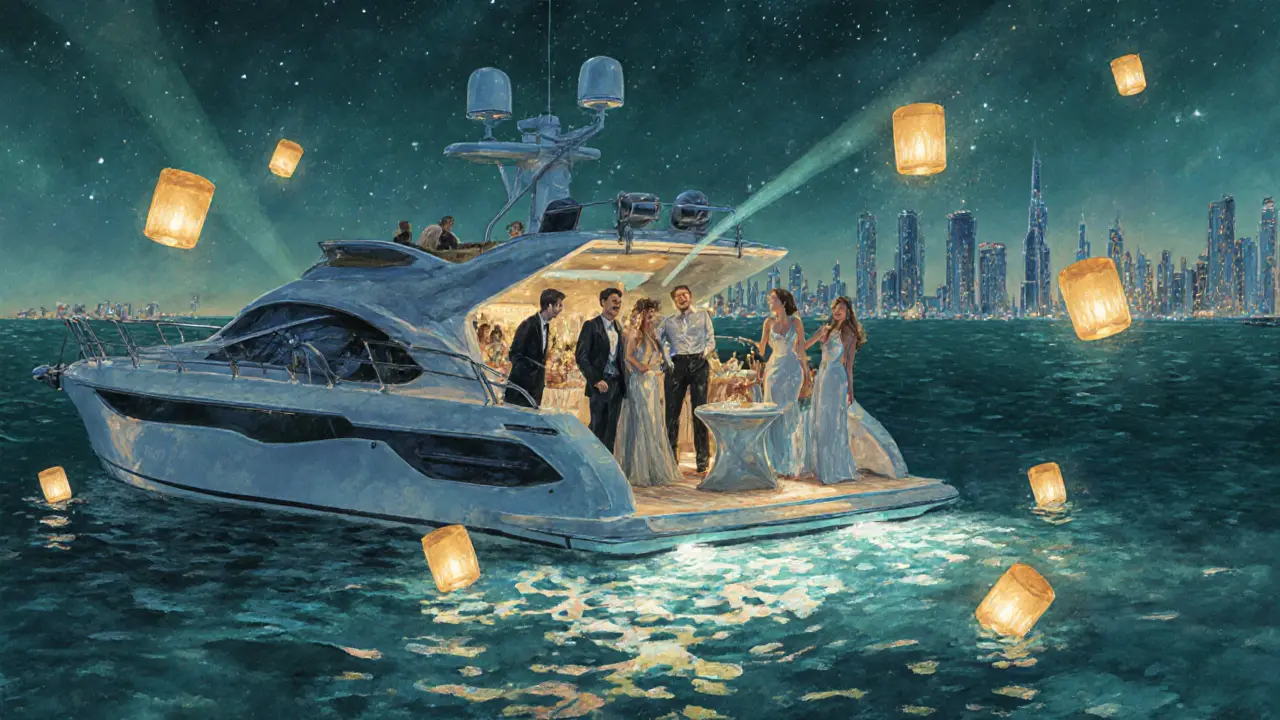 Private yacht party off Palm Jumeirah with lanterns, projectors, and guests enjoying the night under stars.