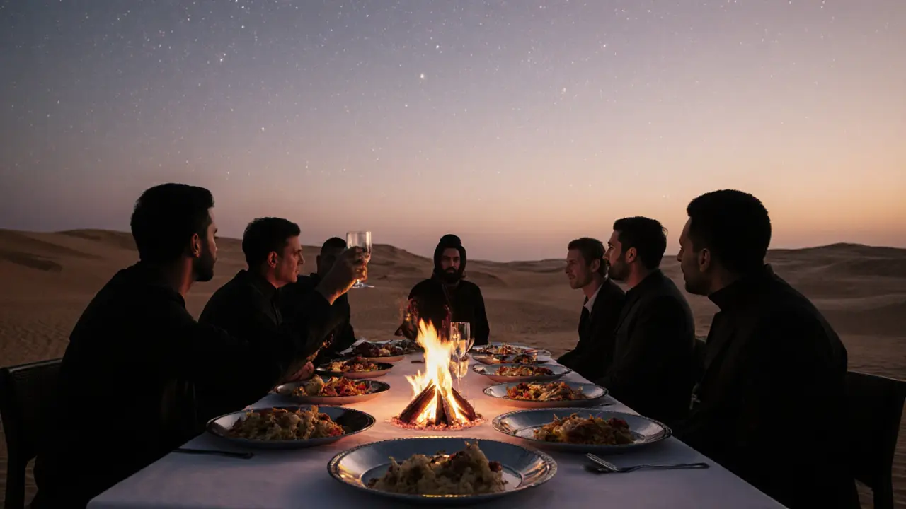 Professionals dining under desert stars at a sunset dinner with traditional Emirati dishes.