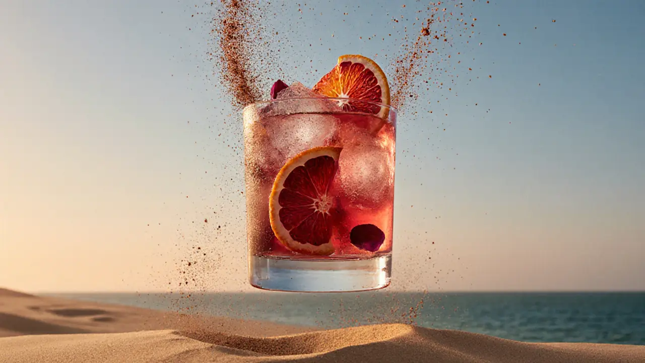 Red Dunes cocktail with frozen rose petals floating above Kite Beach, desert winds swirling around it.
