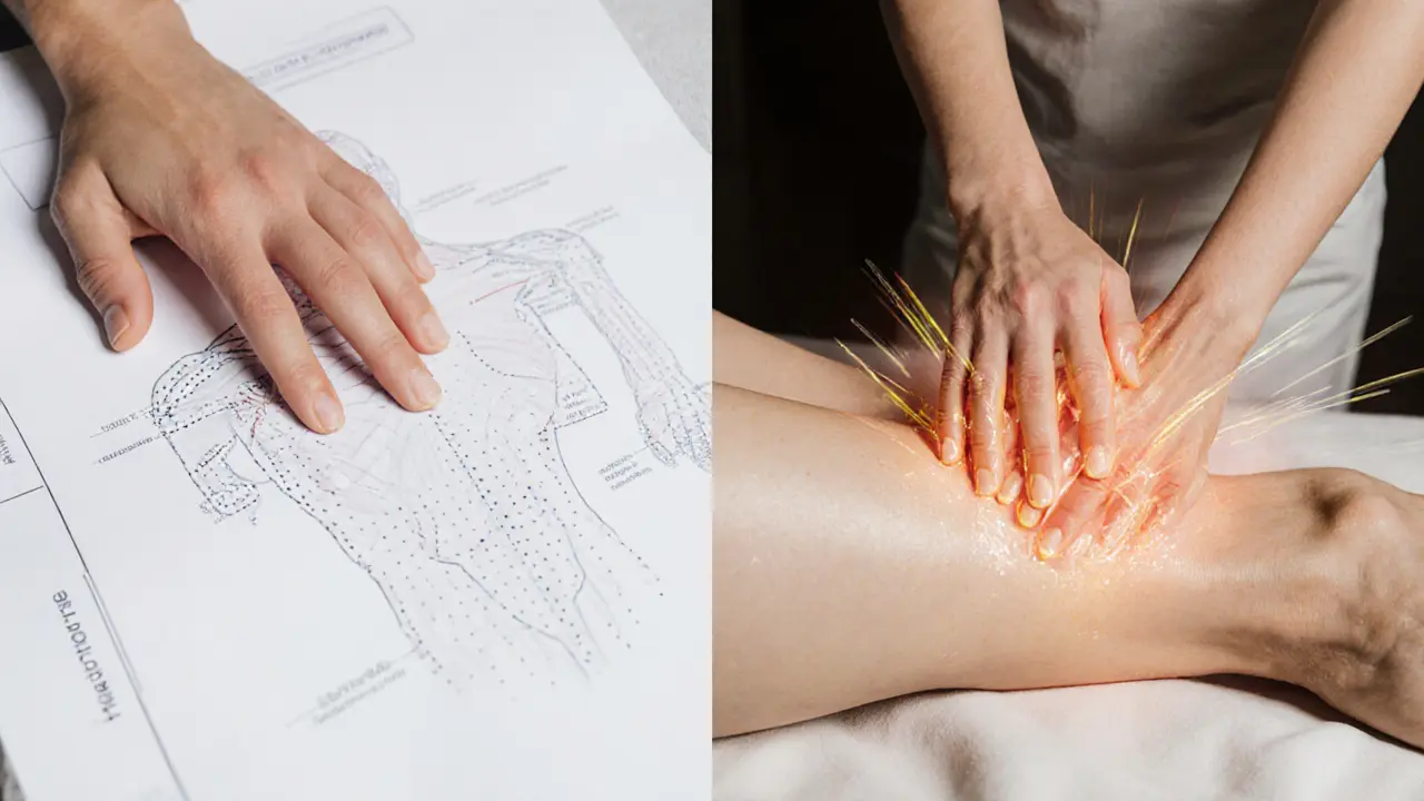 Side-by-side visual contrast: hand massage versus body-to-body technique, highlighting differences in pressure and movement.