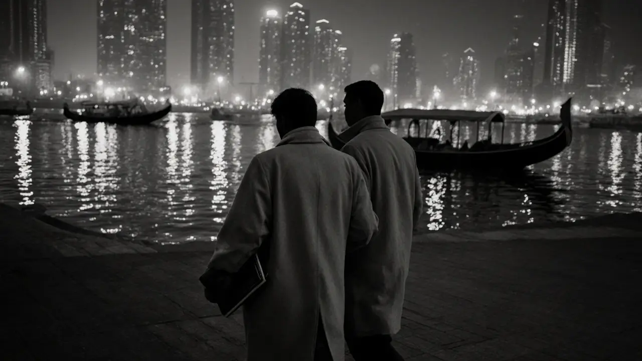 Silhouettes of two individuals walking along Dubai Creek at night, reflections shimmering in the water.