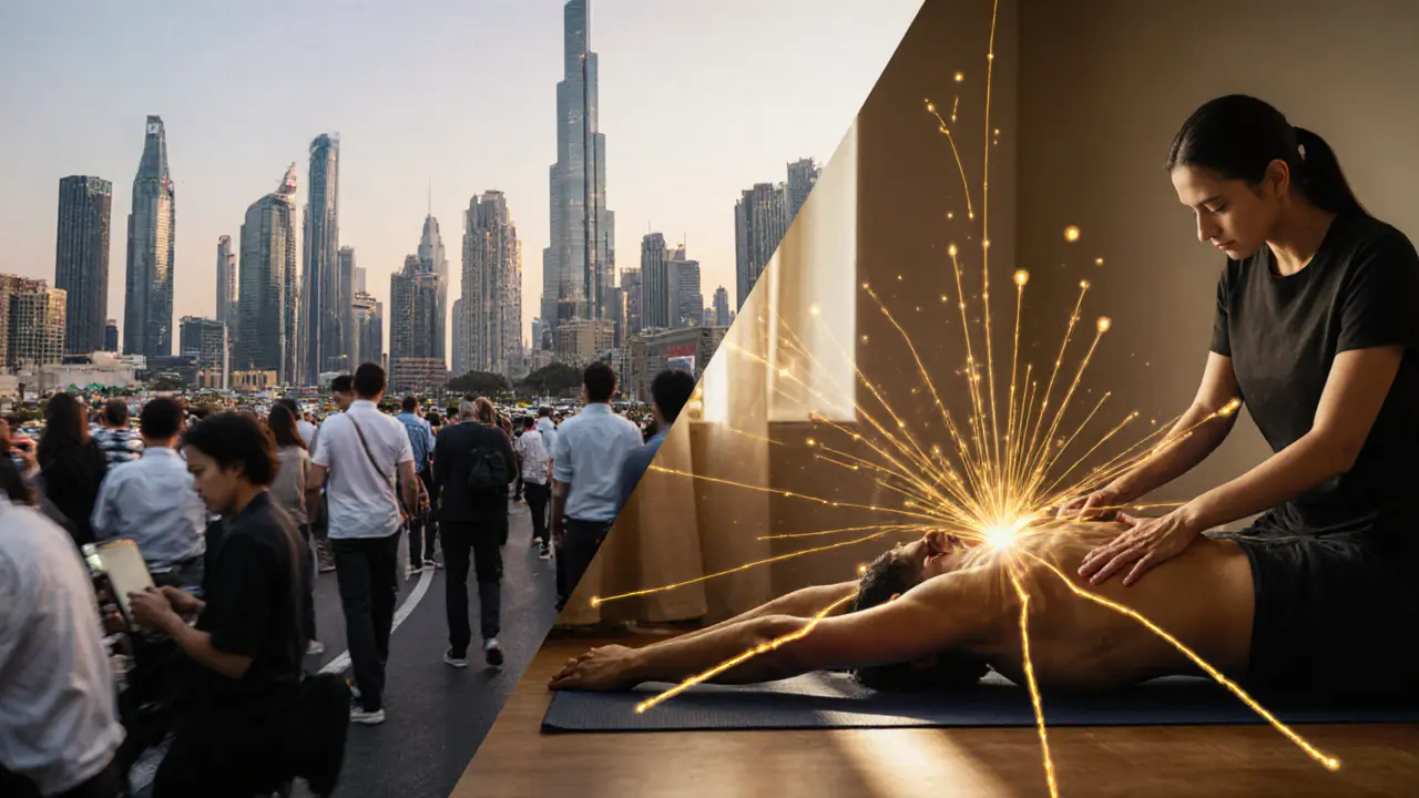 Split image: busy Dubai cityscape on one side, serene Thai massage on the other with golden energy lines.
