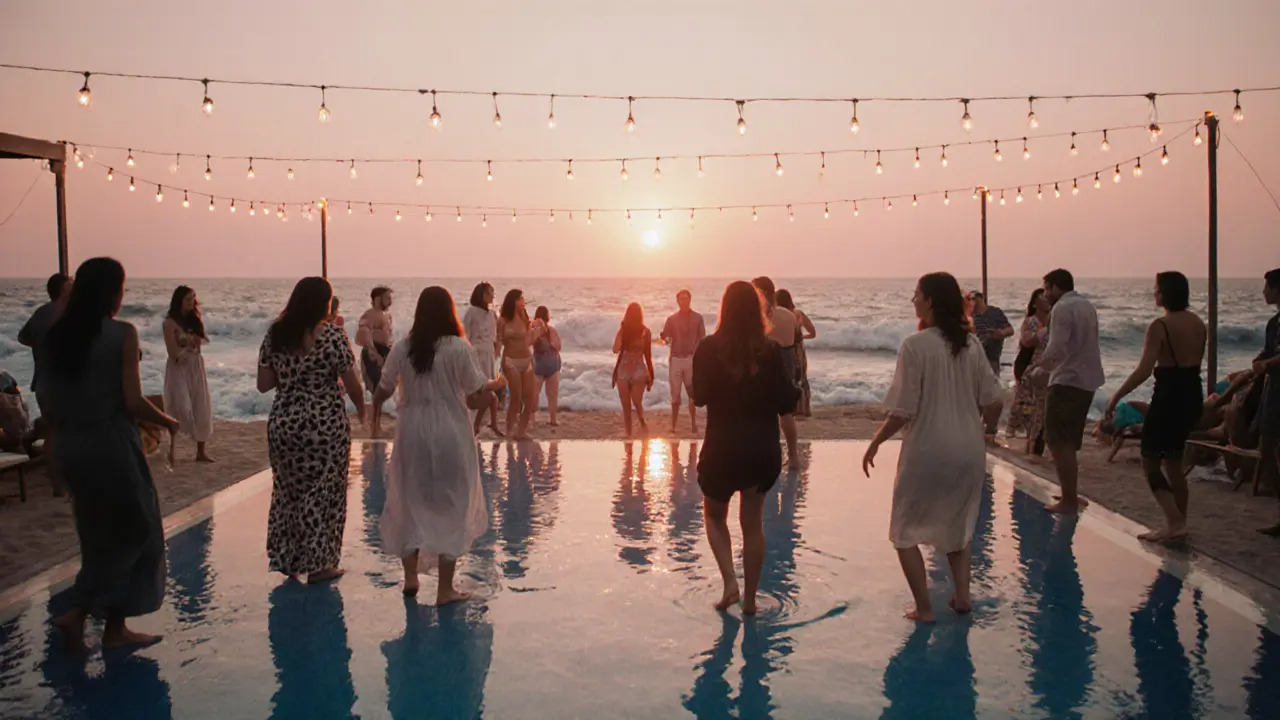Sunrise at a beach club with guests dancing poolside as ocean waves roll in.
