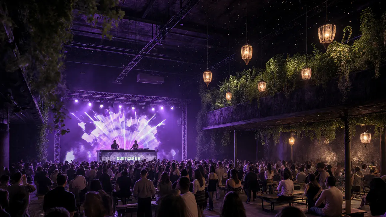 Three distinct club zones: main dance floor, dark underground room, and serene garden oasis with hanging plants.
