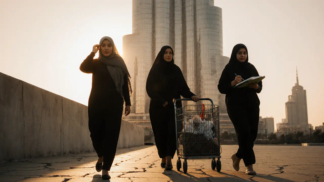 Three women walk beneath Burj Khalifa, each carrying the quiet burden of invisible labor.